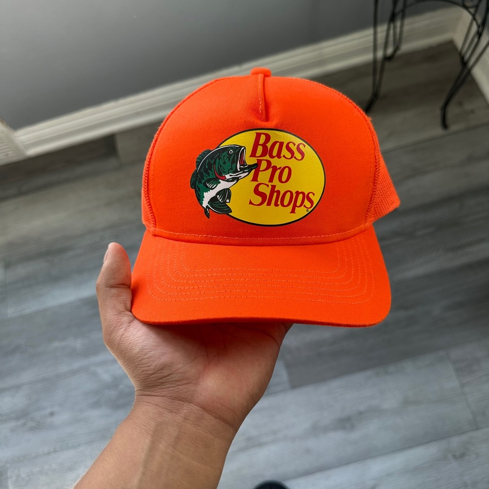 NWOT Bass Pro Shops Orange Trucker Hat Bass Fish Logo One Size adjustable